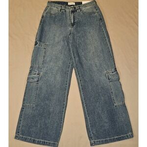 NWT Austin Landing Womens Mid-rise Wide Leg Jeans Cargo Pockets Medium Wash Sz 7